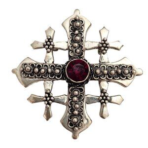 Silver Jerusalem Maltese Cross Brooch Pendant Etruscan Red Rhinestone Pin J470